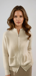 Women's Stand-Collar Merino Wool Zip Cardigan with Pockets - Beige