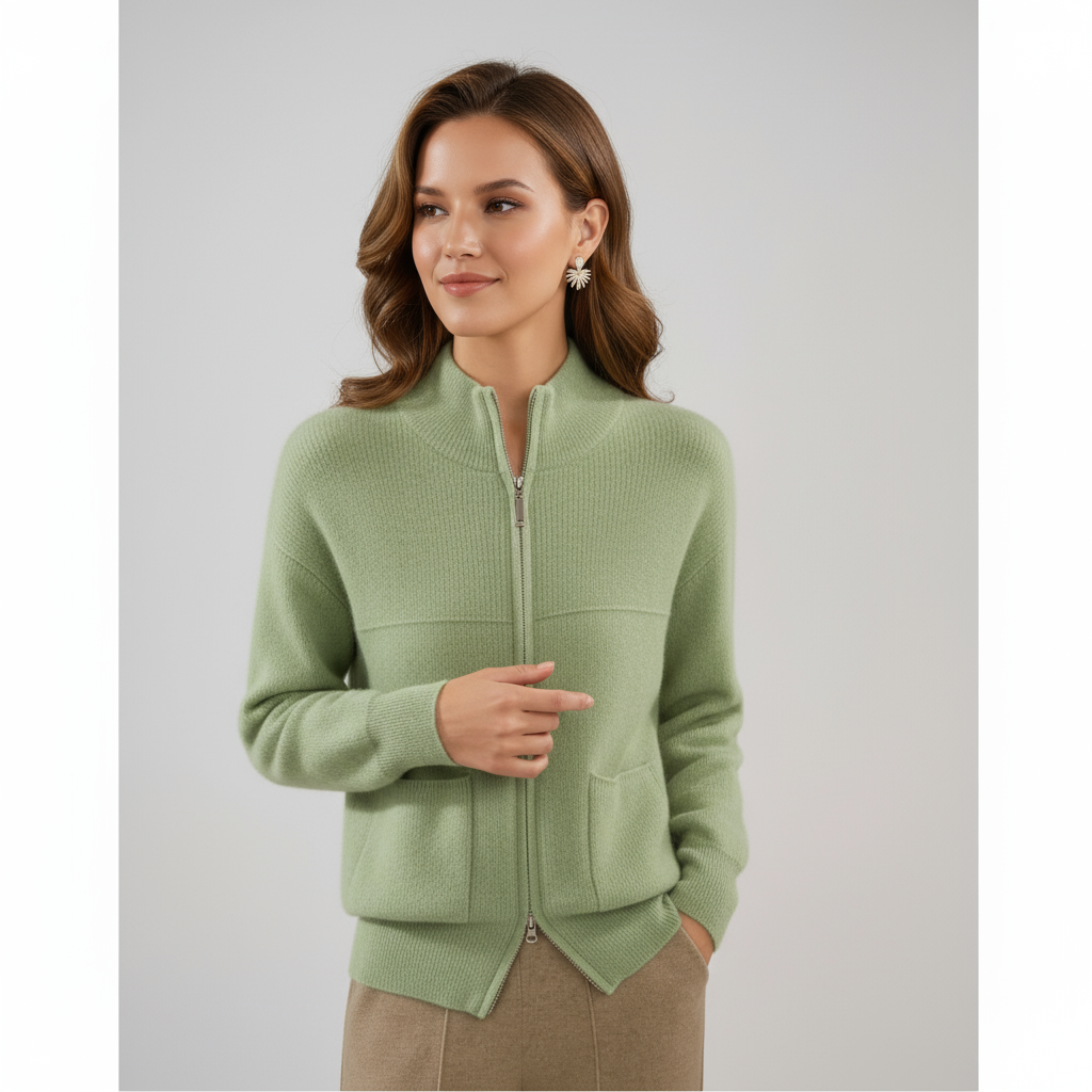 Women's Stand-Collar Merino Wool Zip Cardigan with Pockets - Sage Green