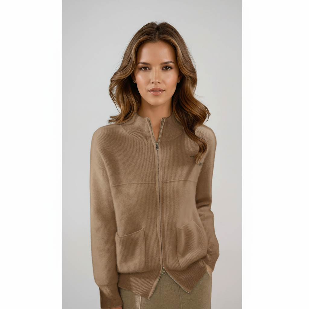 Women's Stand-Collar Merino Wool Zip Cardigan with Pockets - Brown