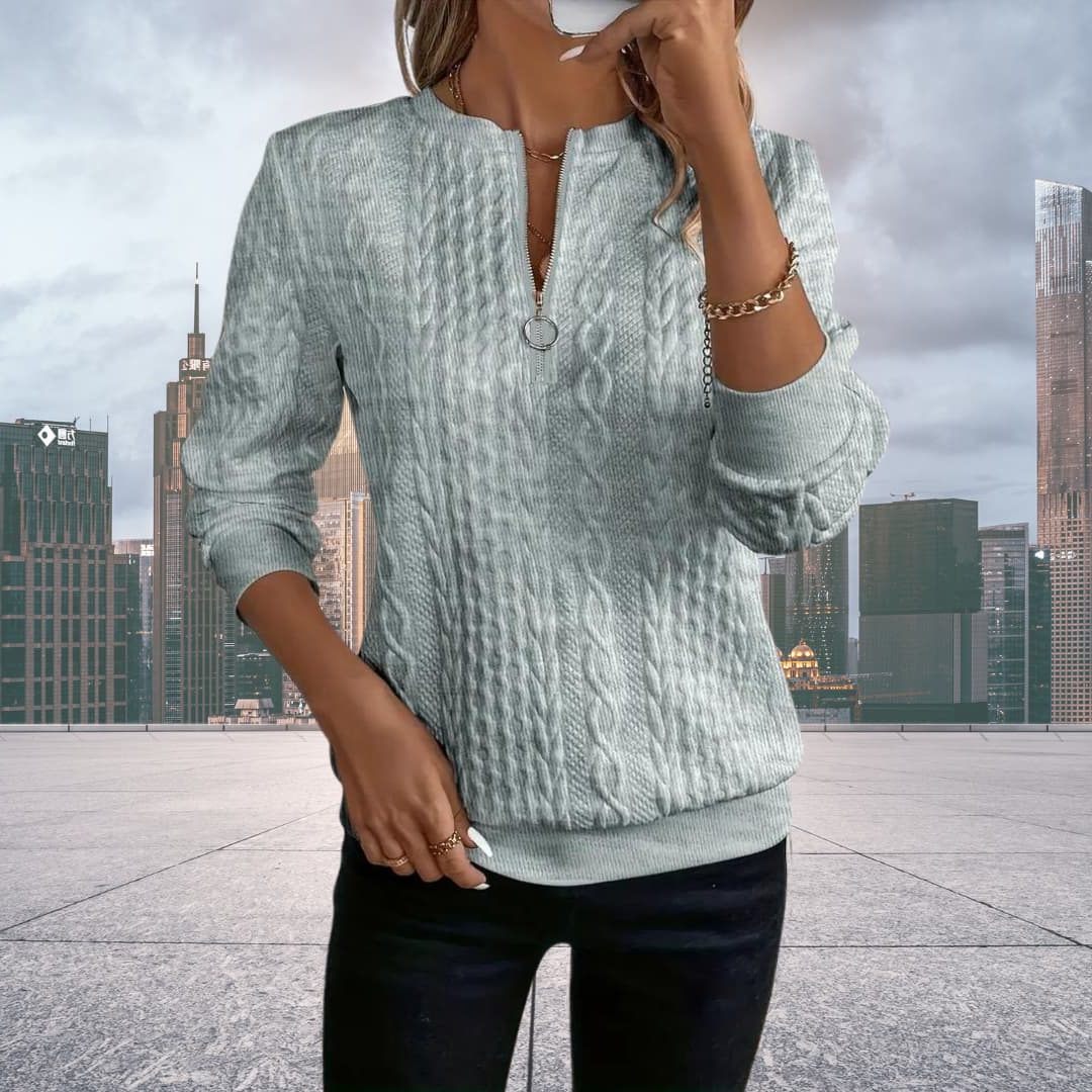 Women's Geometric Cable Zip Cardigan with Crew Neck - Grey