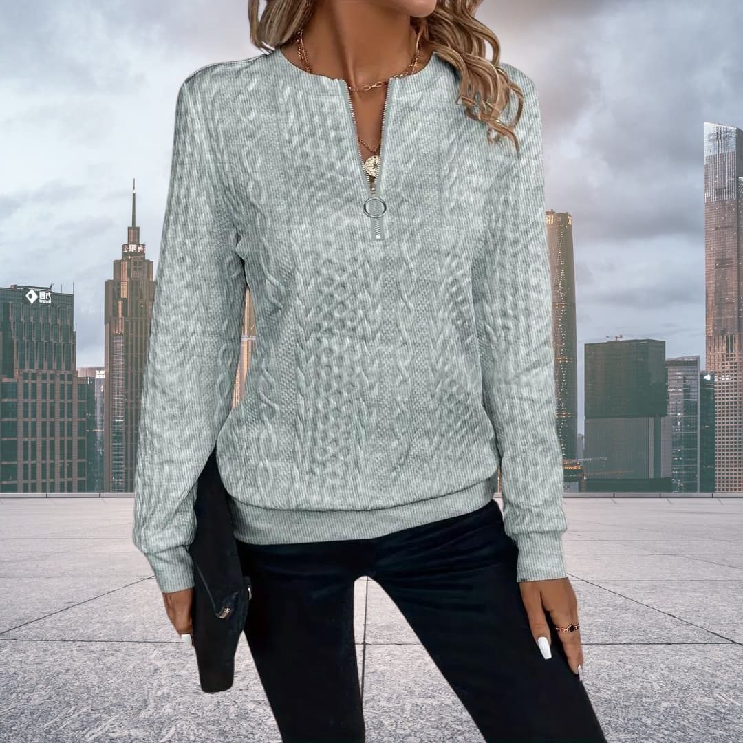 Women's Geometric Cable Zip Cardigan with Crew Neck