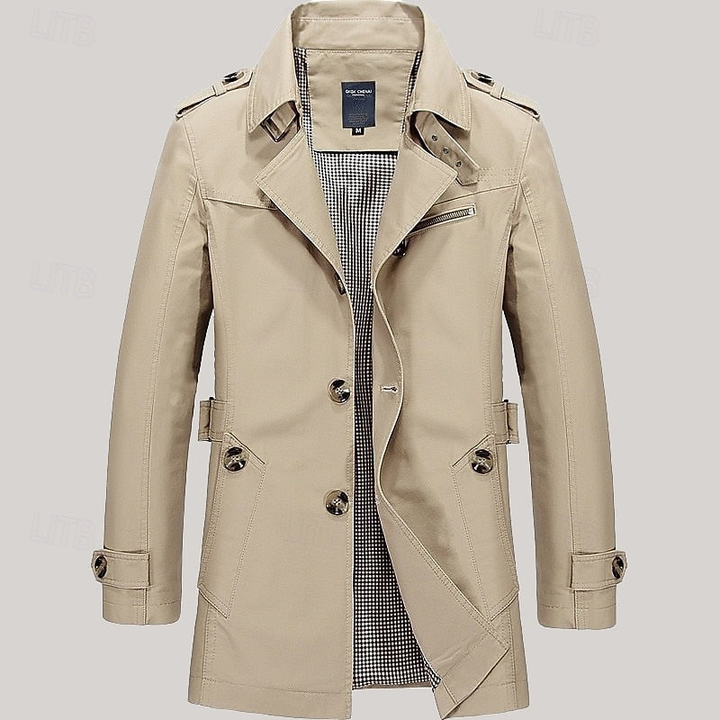 Men's Single-Row Button Trench Coat with Generous Front Pockets