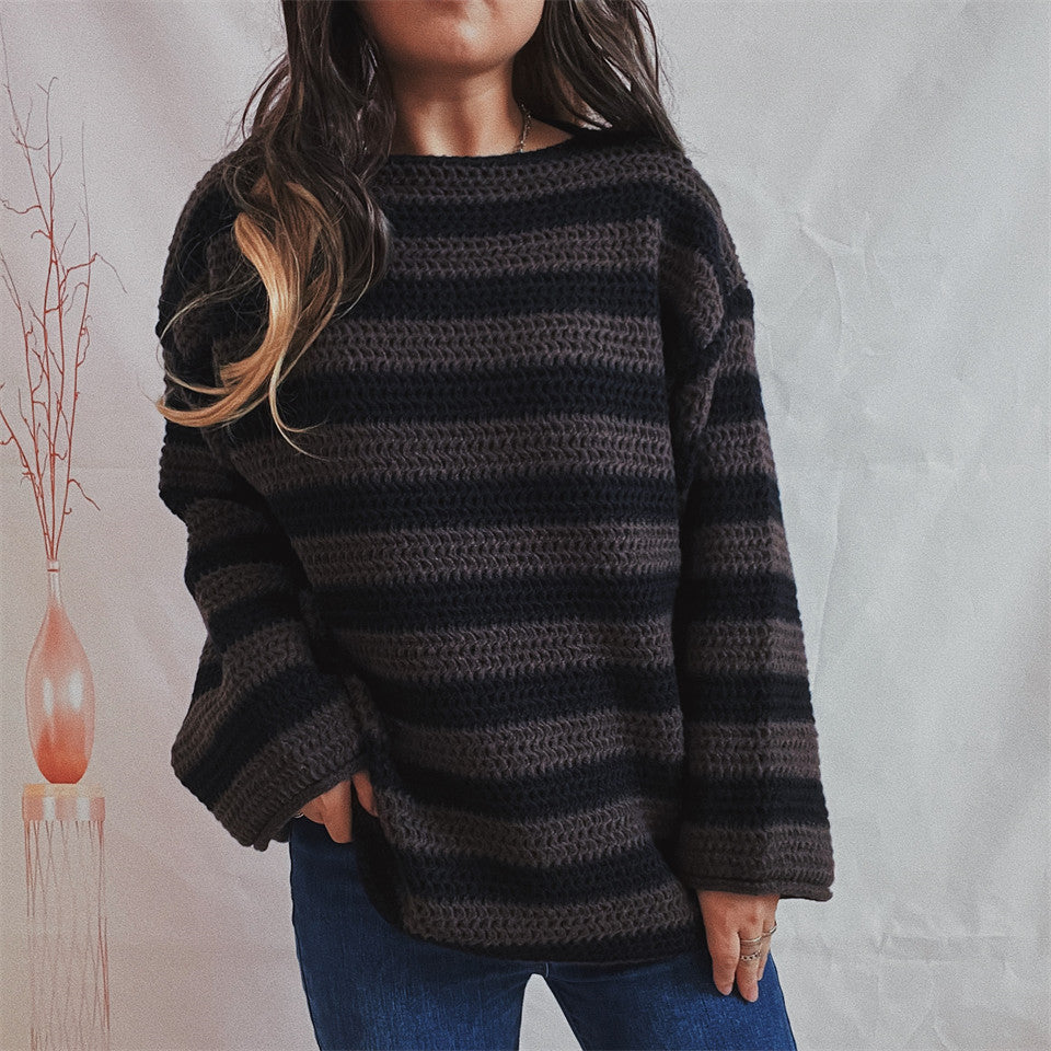 Women's Bold Stripe Oversized Jumper with Roomy Sleeves - Black