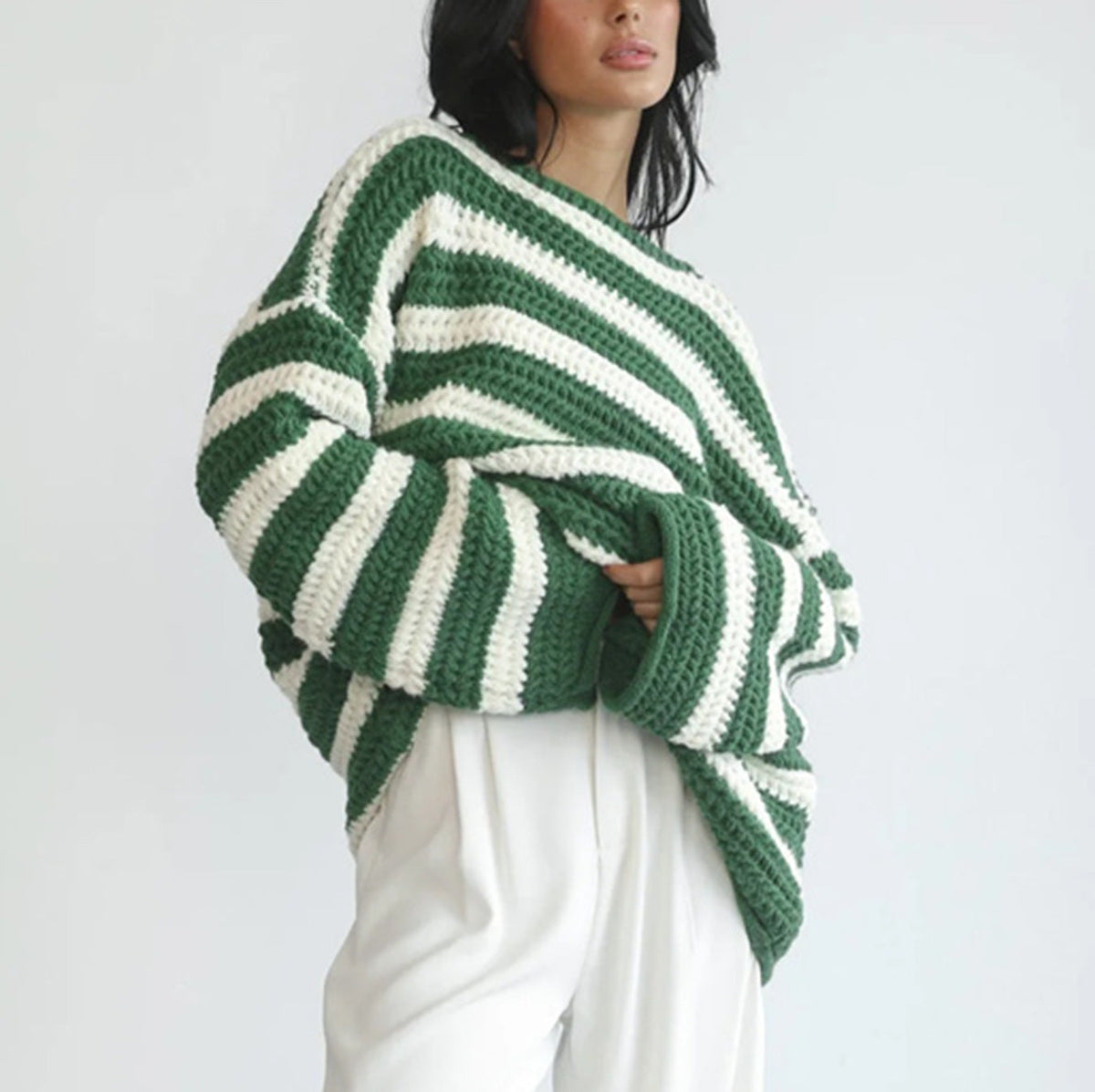 Women's Bold Stripe Oversized Jumper with Roomy Sleeves - Green