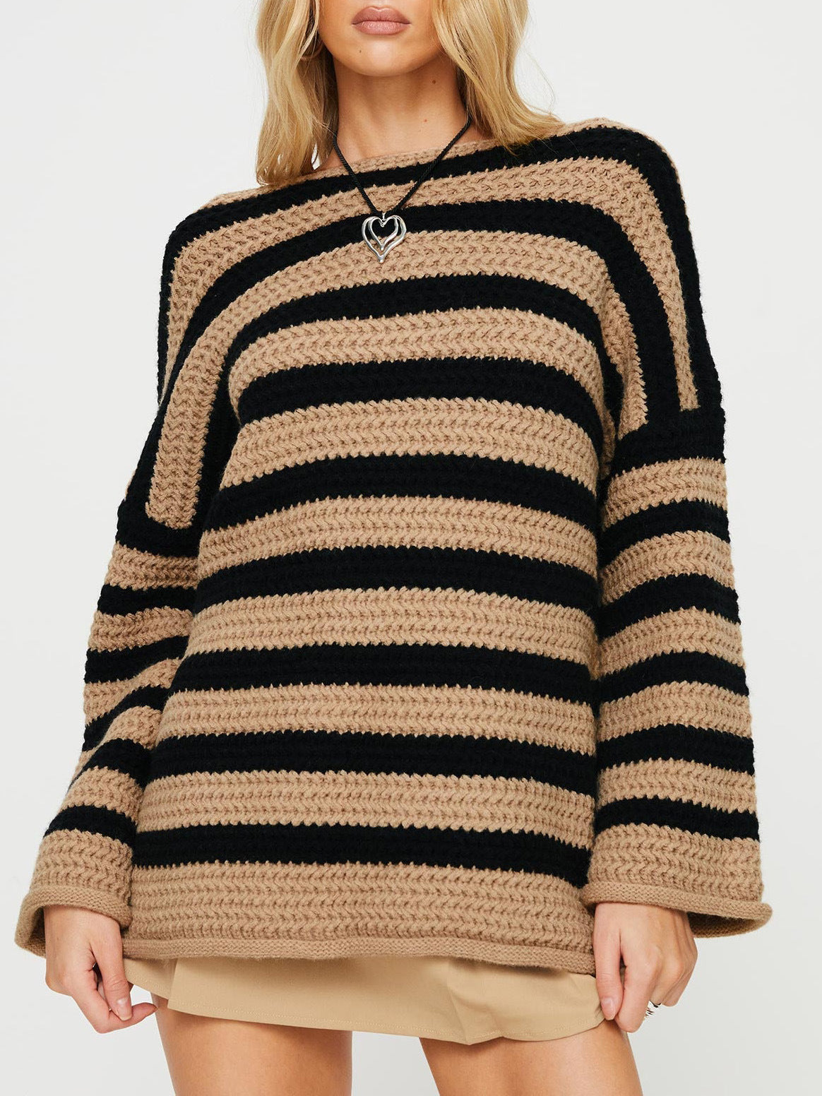 Women's Bold Stripe Oversized Jumper with Roomy Sleeves - Brown