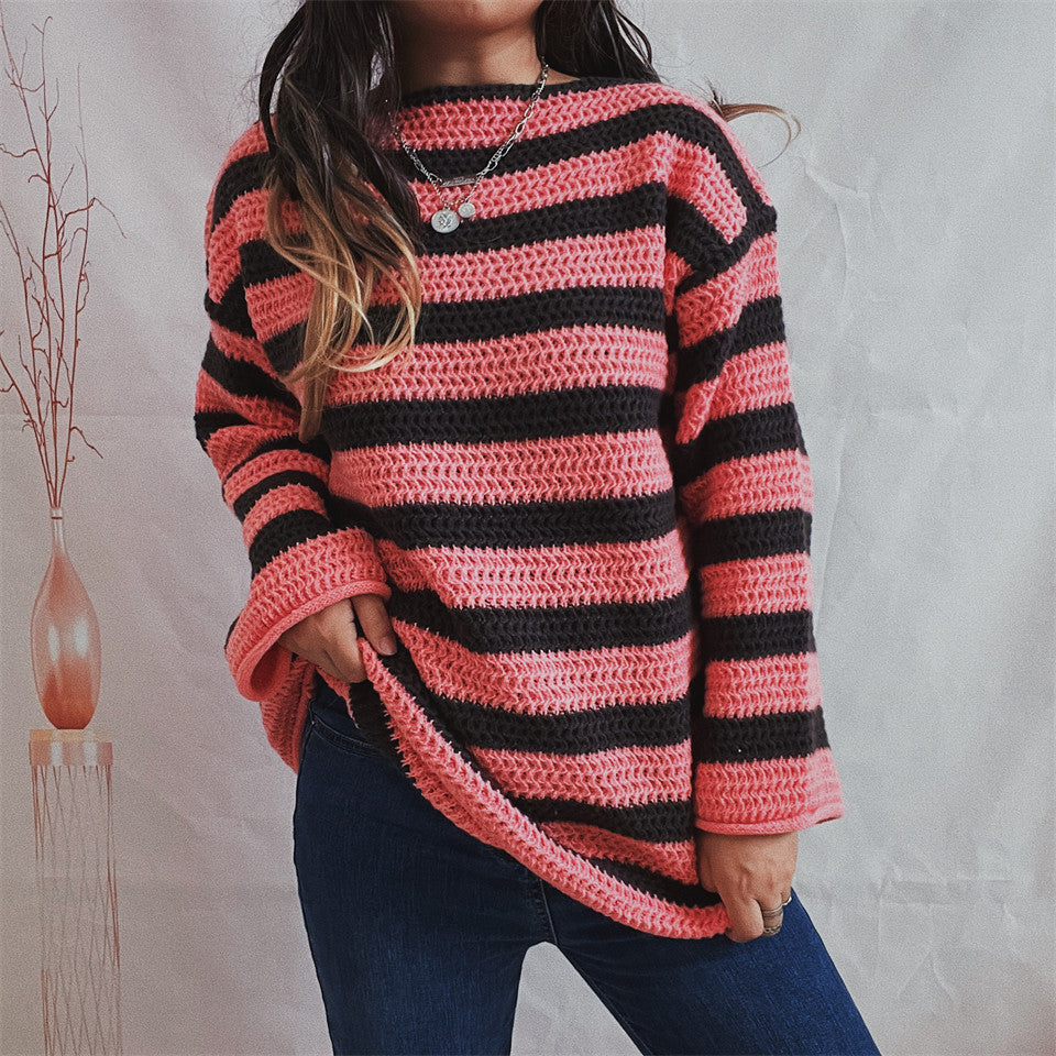 Women's Bold Stripe Oversized Jumper with Roomy Sleeves - Pink