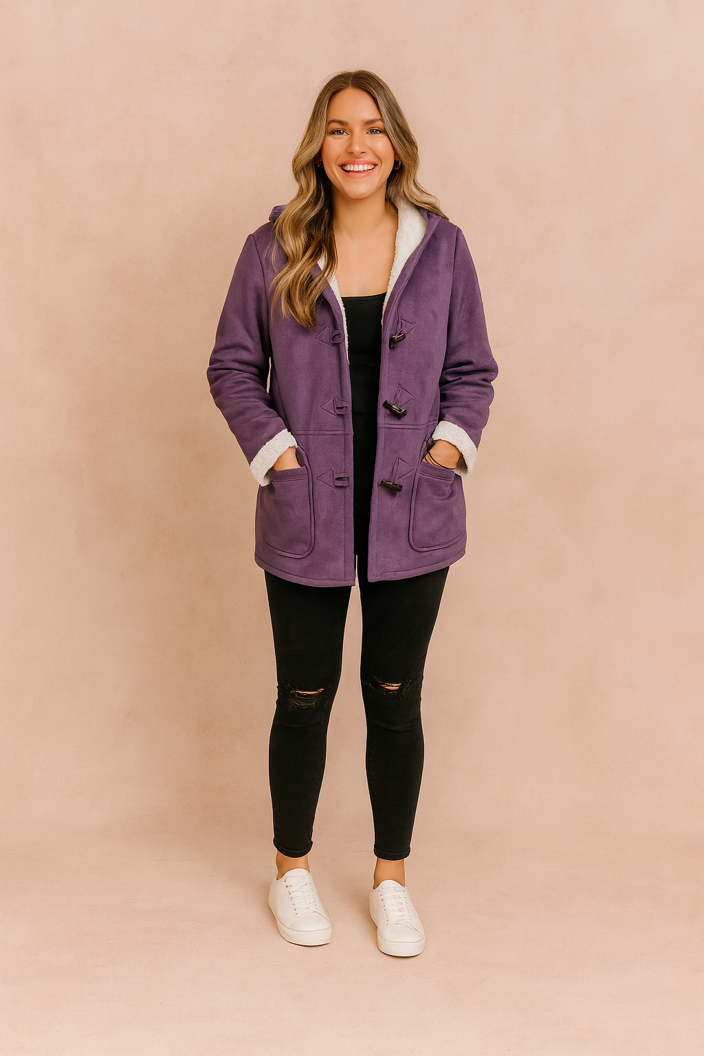 Women's Toggle-Front Duffle Coat with Patch Pockets and Lined Hood - Purple