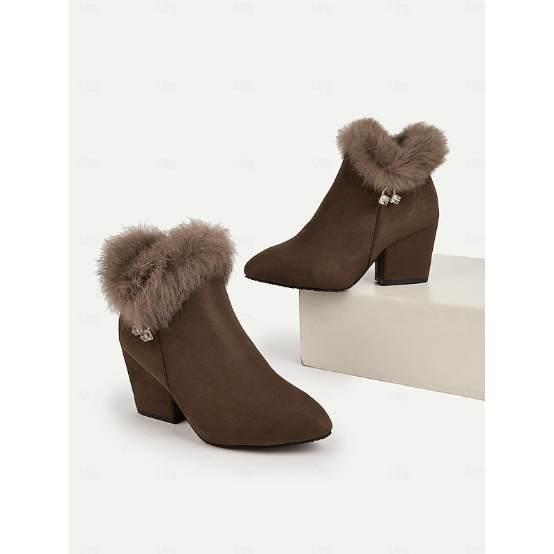 Women's Plush-Collar Pointed-Toe Boots with Side Zip