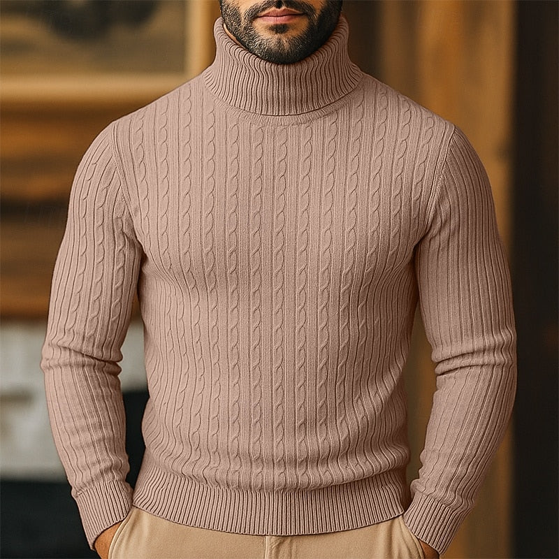 Men's Close-Cut Twisted Cable Roll Neck Jumper - Coffee