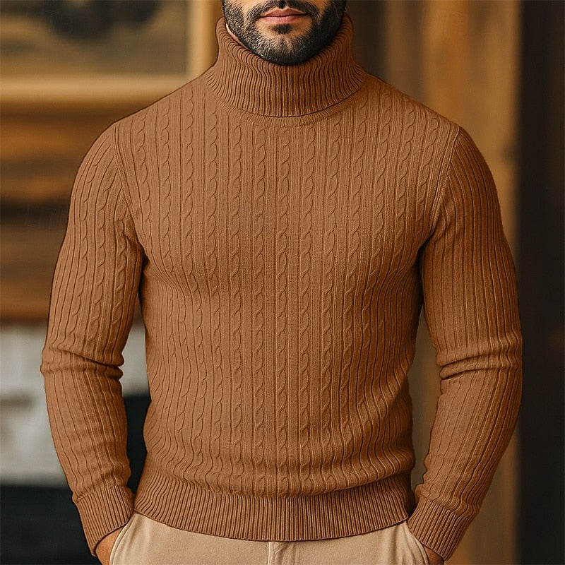 Men's Close-Cut Twisted Cable Roll Neck Jumper - Brown