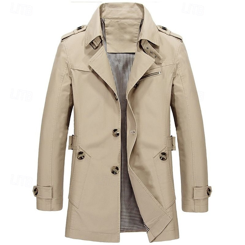 Men's Single-Row Button Trench Coat with Generous Front Pockets