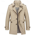 Men's Single-Row Button Trench Coat with Generous Front Pockets - Beige