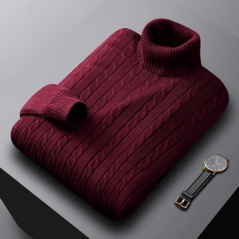 Men's Warm Stretch-Knit Cable Roll Neck for Office and Weekend - Burgundy