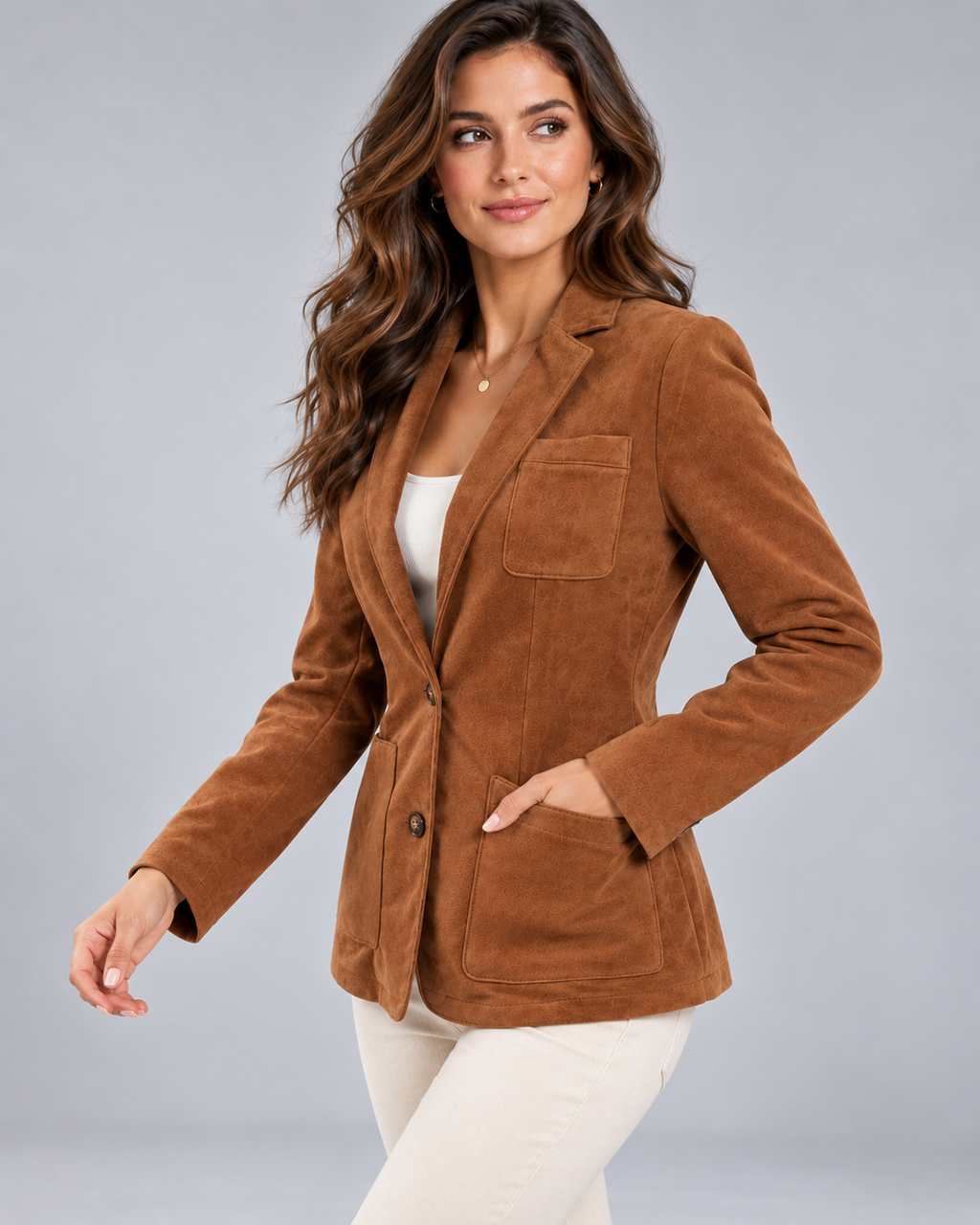 Women's Suede Button-Through Blazer with Stitched Lapels
