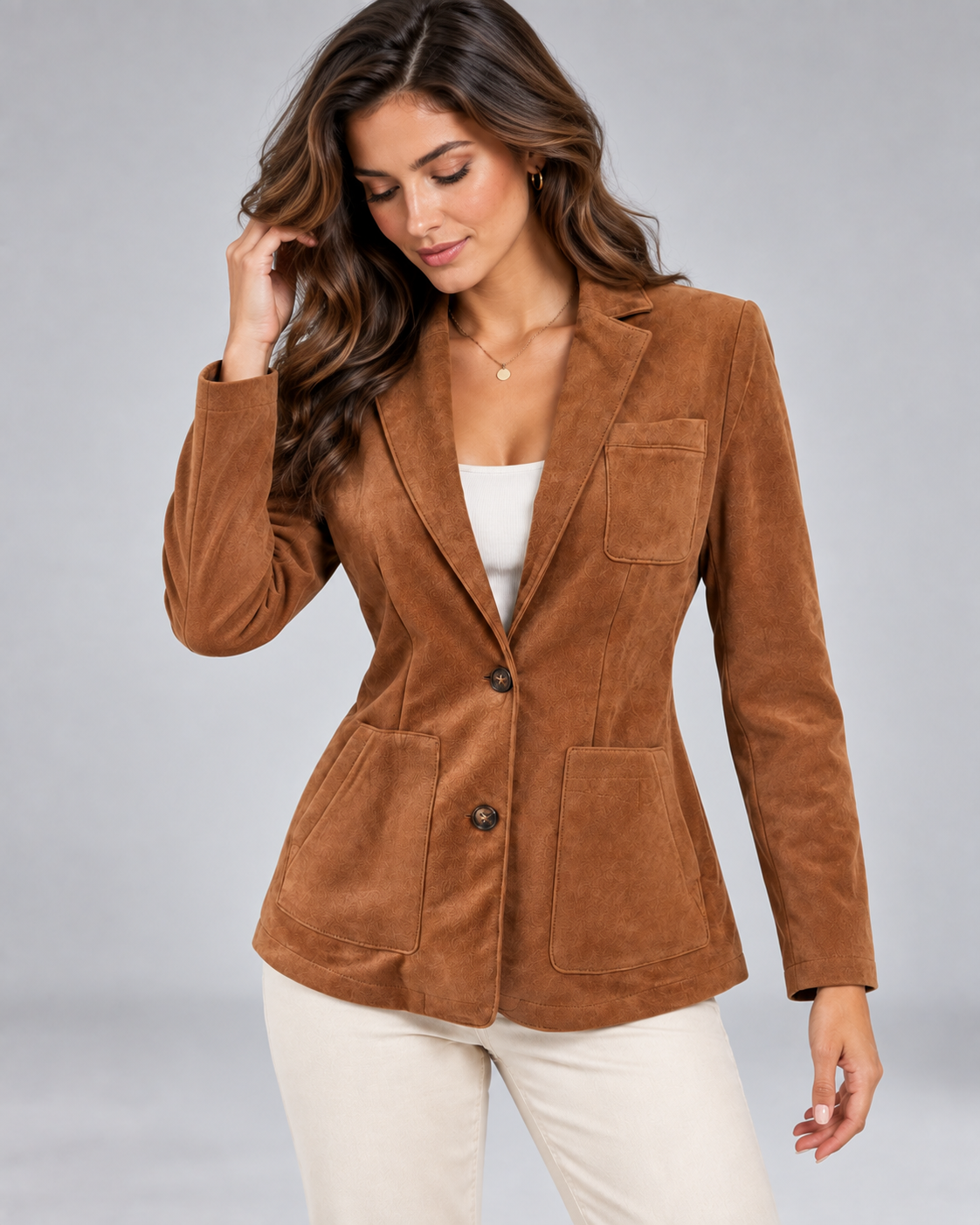 Women's Suede Button-Through Blazer with Stitched Lapels