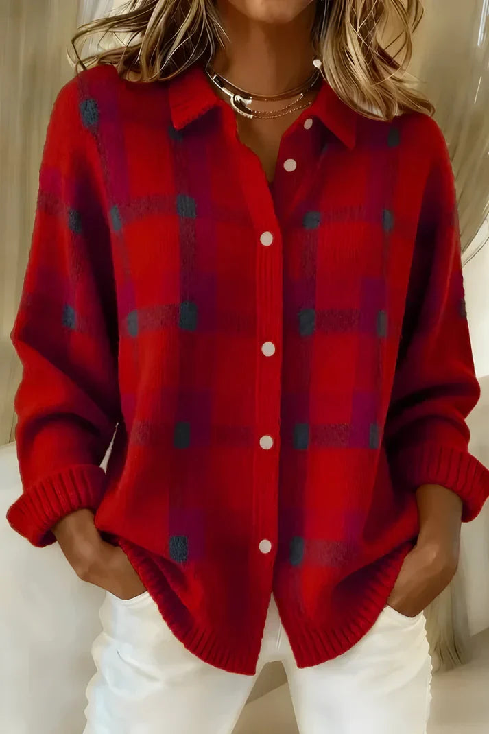 Women's Relaxed Longline Cardigan with Classic Button Front - Red