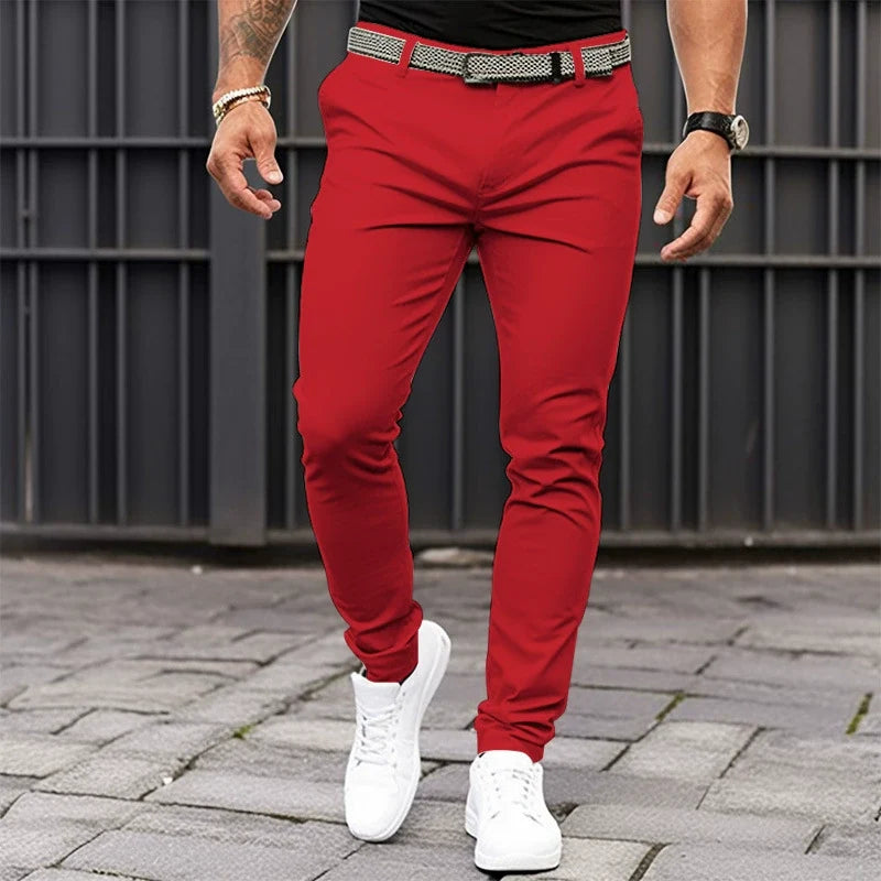 Men's Smart Jogger-Cut Trousers with Flat Front and Stretch - Red