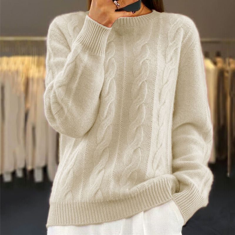 Women's Generous-Fit Cable-Knit Crew Jumper with Ribbed Trims - Beige