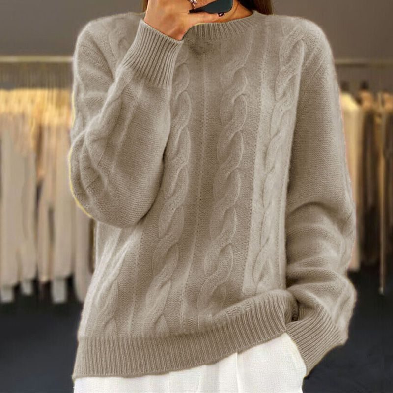 Women's Generous-Fit Cable-Knit Crew Jumper with Ribbed Trims - Khaki