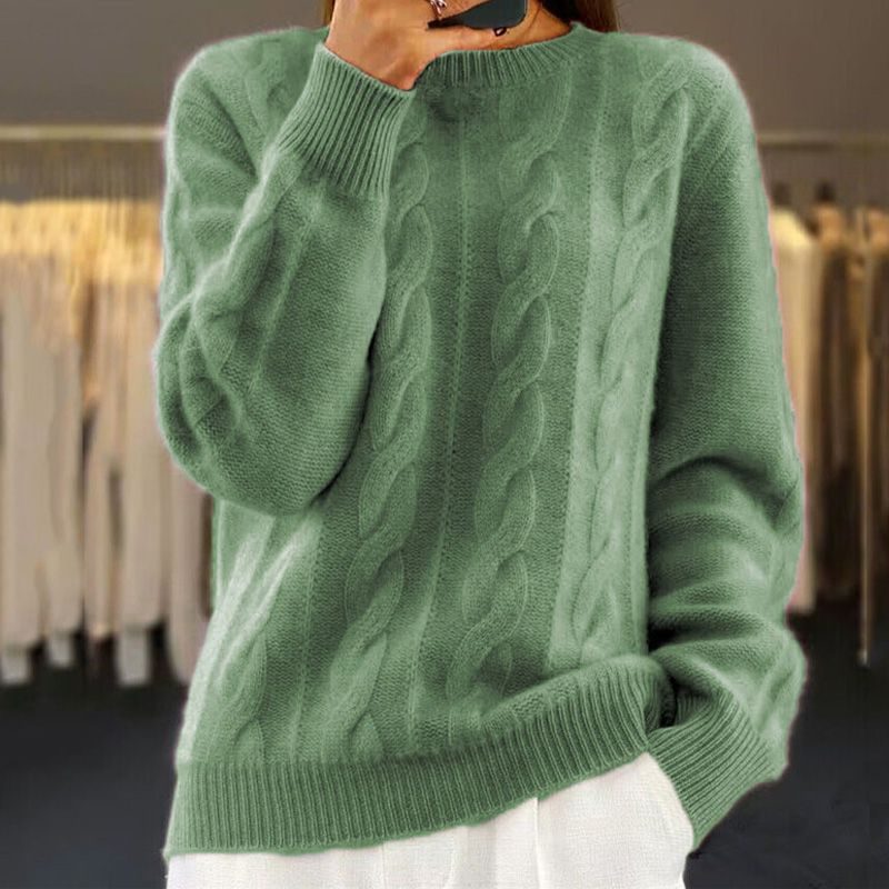 Women's Generous-Fit Cable-Knit Crew Jumper with Ribbed Trims - Green