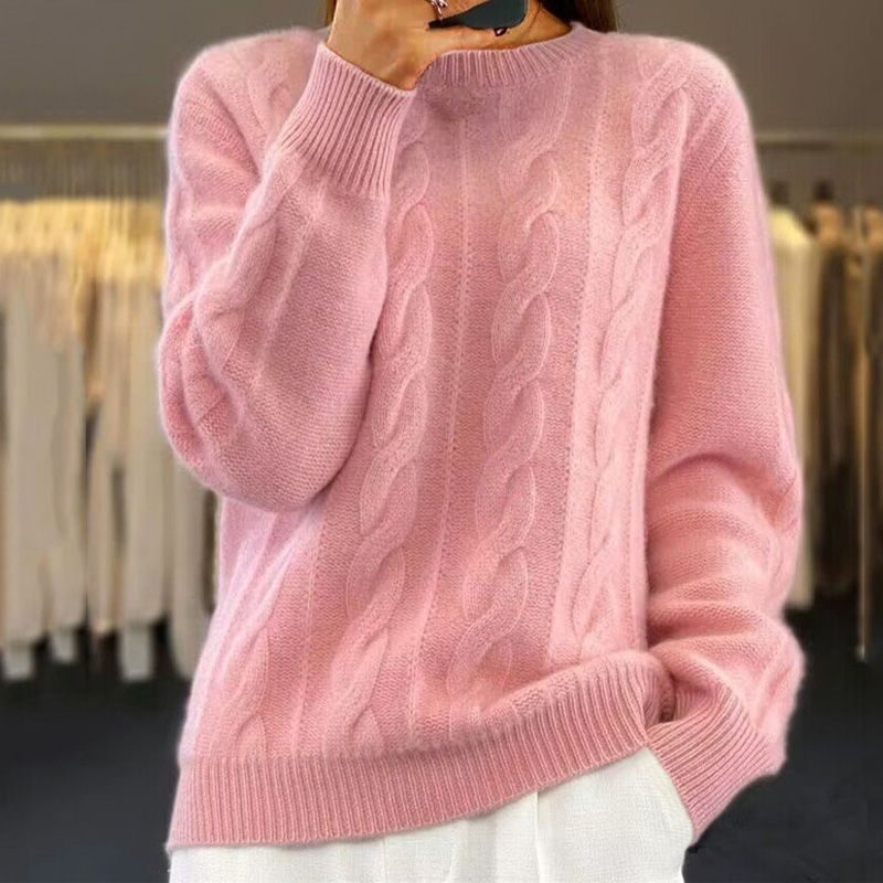 Women's Generous-Fit Cable-Knit Crew Jumper with Ribbed Trims - Pink