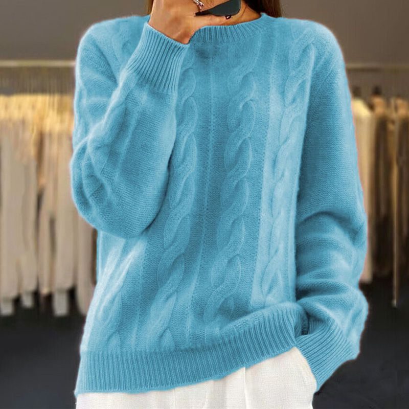 Women's Generous-Fit Cable-Knit Crew Jumper with Ribbed Trims - Blue