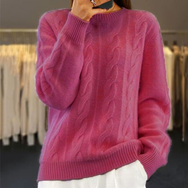 Women's Generous-Fit Cable-Knit Crew Jumper with Ribbed Trims - Dark Pink