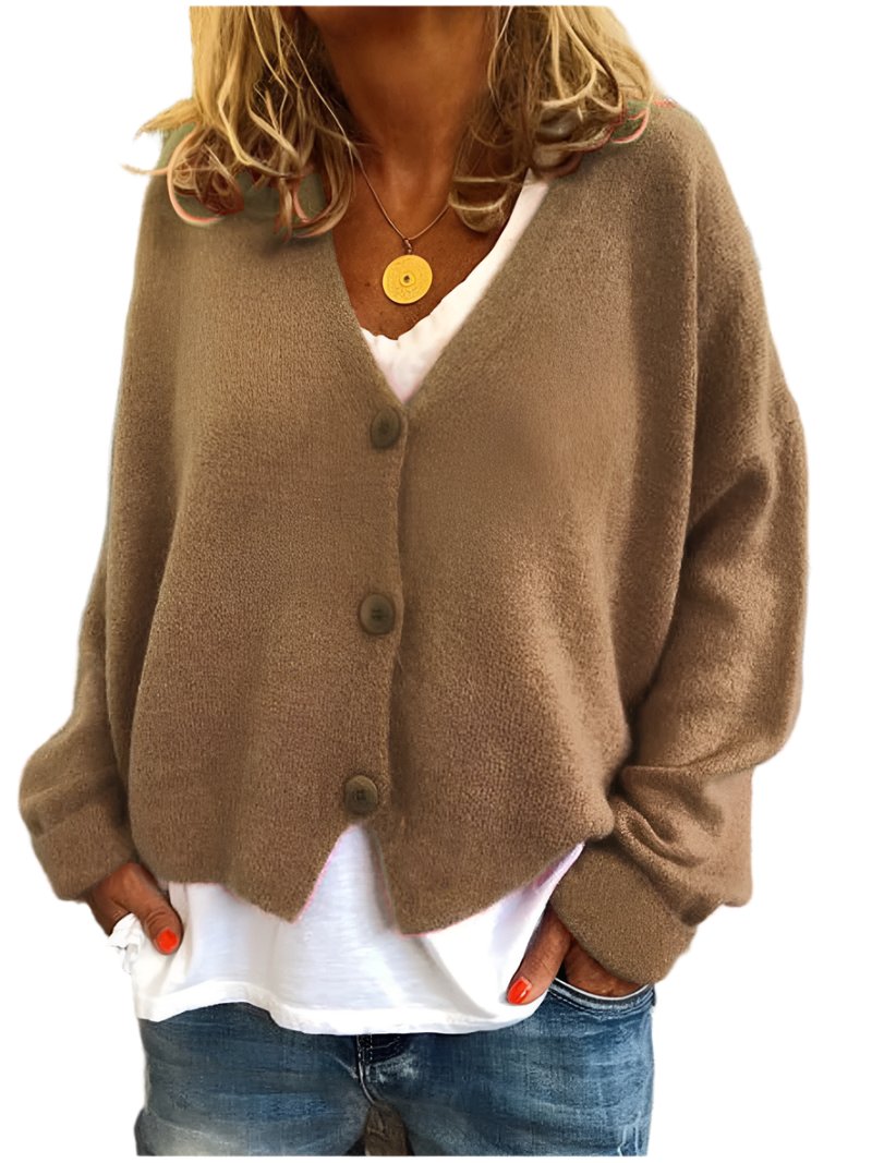 Women's Shaped-Hem Button V-Neck Cardigan in Soft Knit - Khaki