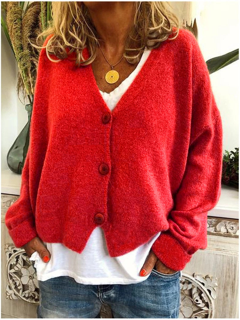 Women's Shaped-Hem Button V-Neck Cardigan in Soft Knit - Red