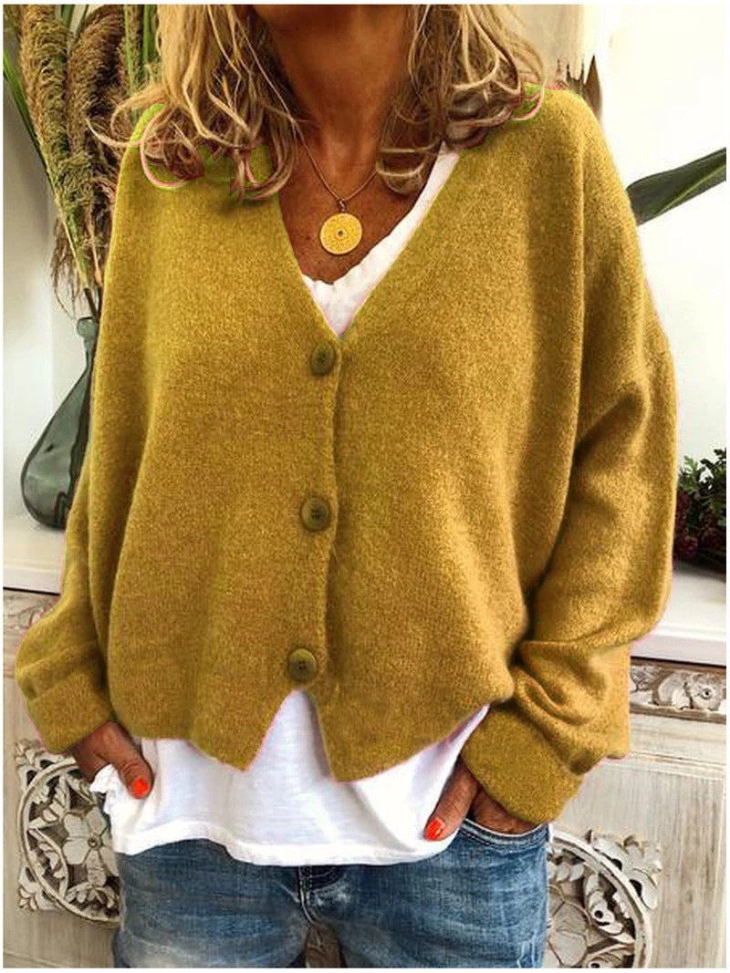 Women's Shaped-Hem Button V-Neck Cardigan in Soft Knit - Mustard Yellow