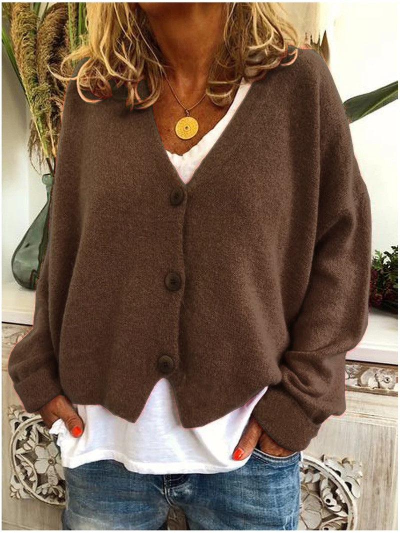 Women's Shaped-Hem Button V-Neck Cardigan in Soft Knit - Brown