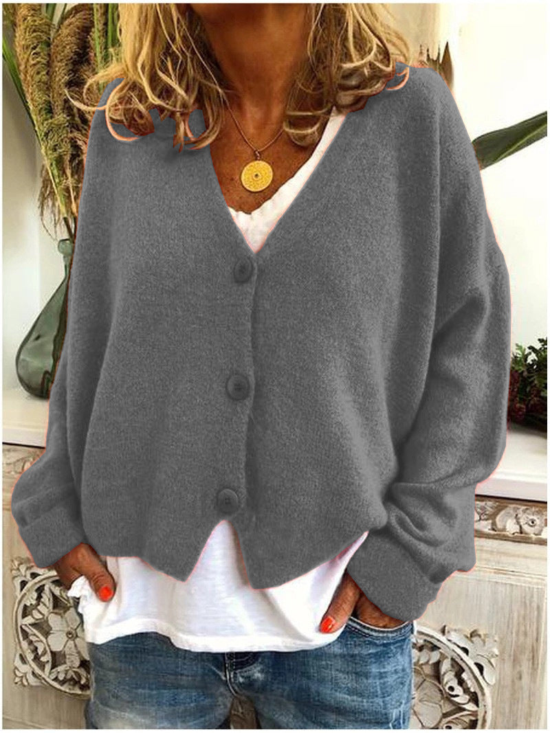 Women's Shaped-Hem Button V-Neck Cardigan in Soft Knit - Grey