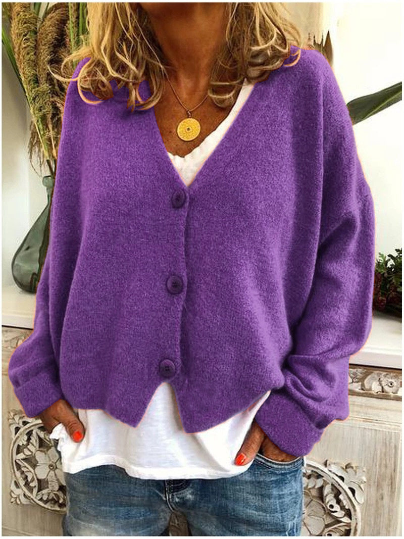 Women's Shaped-Hem Button V-Neck Cardigan in Soft Knit - Purple