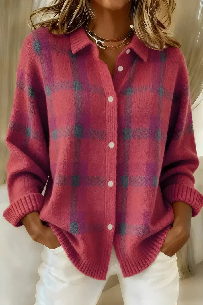 Women's Relaxed Longline Cardigan with Classic Button Front - Pink