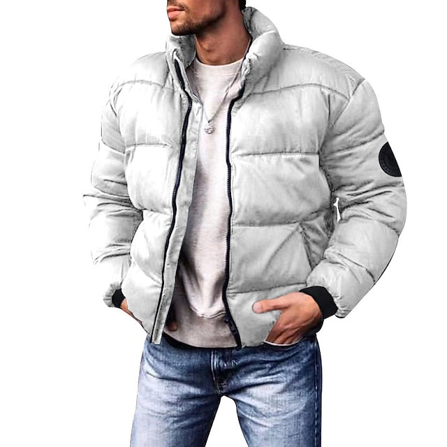 Men's Ribbed-Cuff Quilted Puffer Jacket in a Shorter Length - Light Grey
