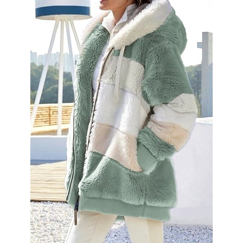 Women's Full-Zip Plush Hooded Jacket in a Roomy Cut - Green