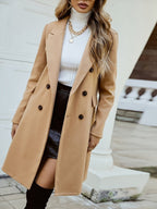 Women's Sharp Double-Breasted Long Wool Coat with Clean Structure