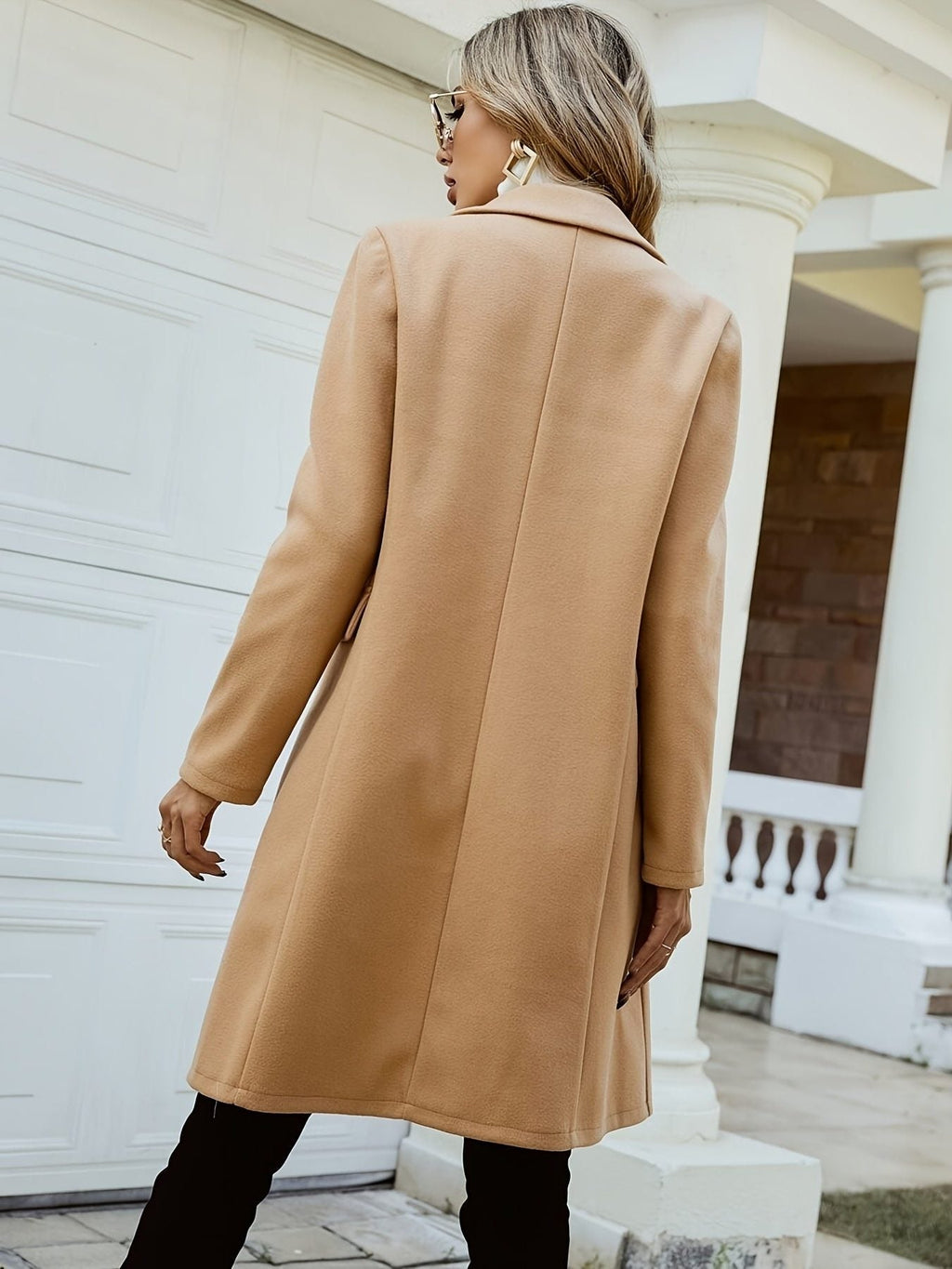 Women's Sharp Double-Breasted Long Wool Coat with Clean Structure