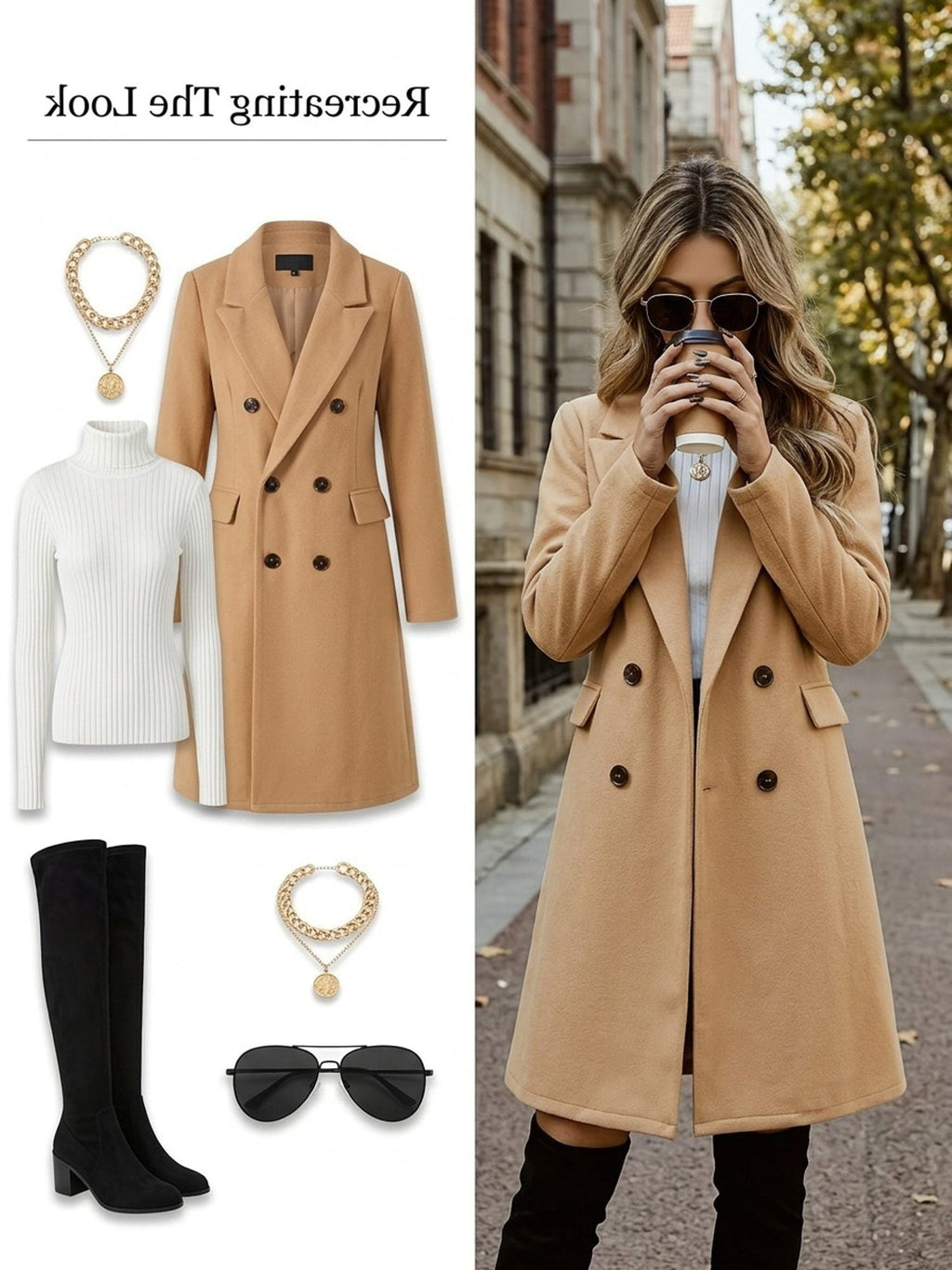 Women's Sharp Double-Breasted Long Wool Coat with Clean Structure