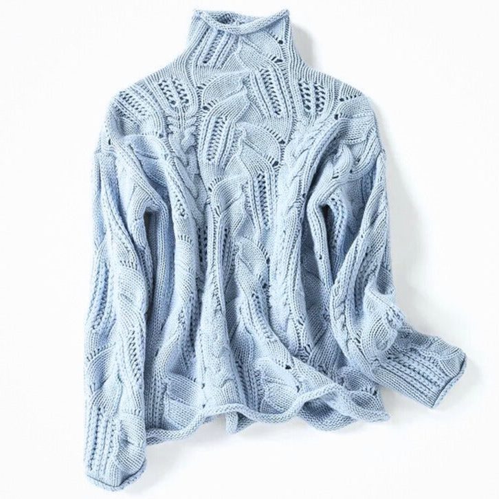 Women's Open Cable-Knit Polo Neck Jumper with Cutouts - Wavy Blue