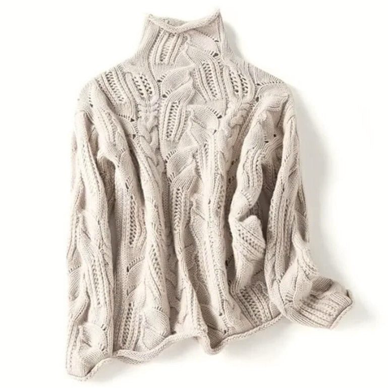 Women's Open Cable-Knit Polo Neck Jumper with Cutouts - Beige