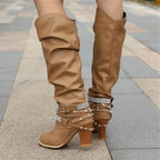 Women's Studded Chain-Strap Boots in Soft Slouchy Leather