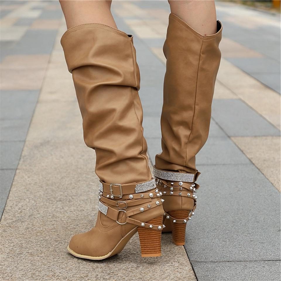 Women's Studded Chain-Strap Boots in Soft Slouchy Leather