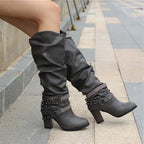 Women's Studded Chain-Strap Boots in Soft Slouchy Leather