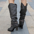 Women's Studded Chain-Strap Boots in Soft Slouchy Leather
