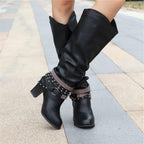 Women's Studded Chain-Strap Boots in Soft Slouchy Leather