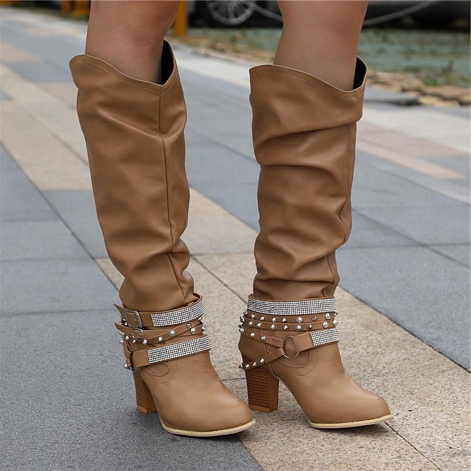 Women's Studded Chain-Strap Boots in Soft Slouchy Leather - Khaki