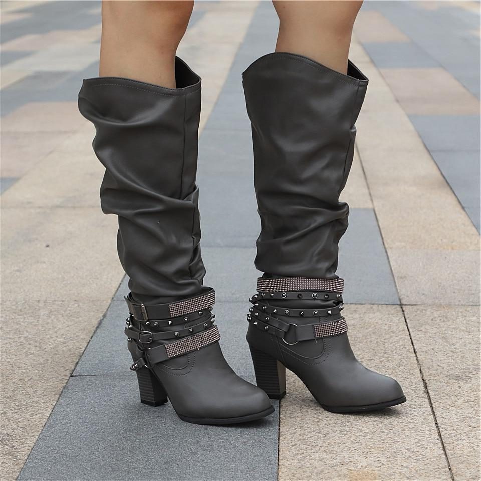 Women's Studded Chain-Strap Boots in Soft Slouchy Leather - Grey