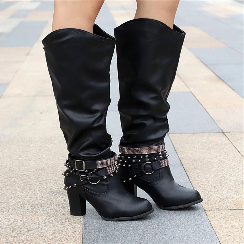 Women's Studded Chain-Strap Boots in Soft Slouchy Leather - Black