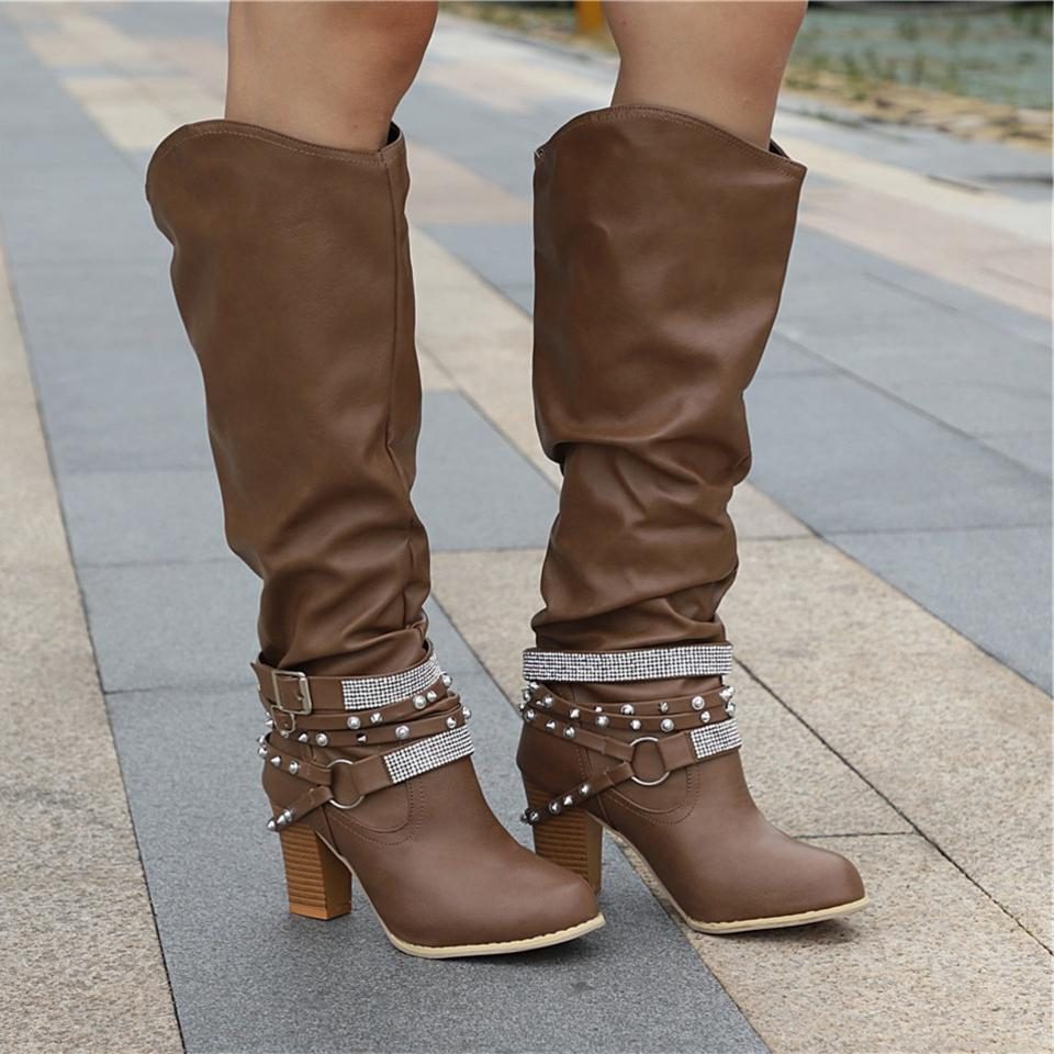 Women's Studded Chain-Strap Boots in Soft Slouchy Leather
